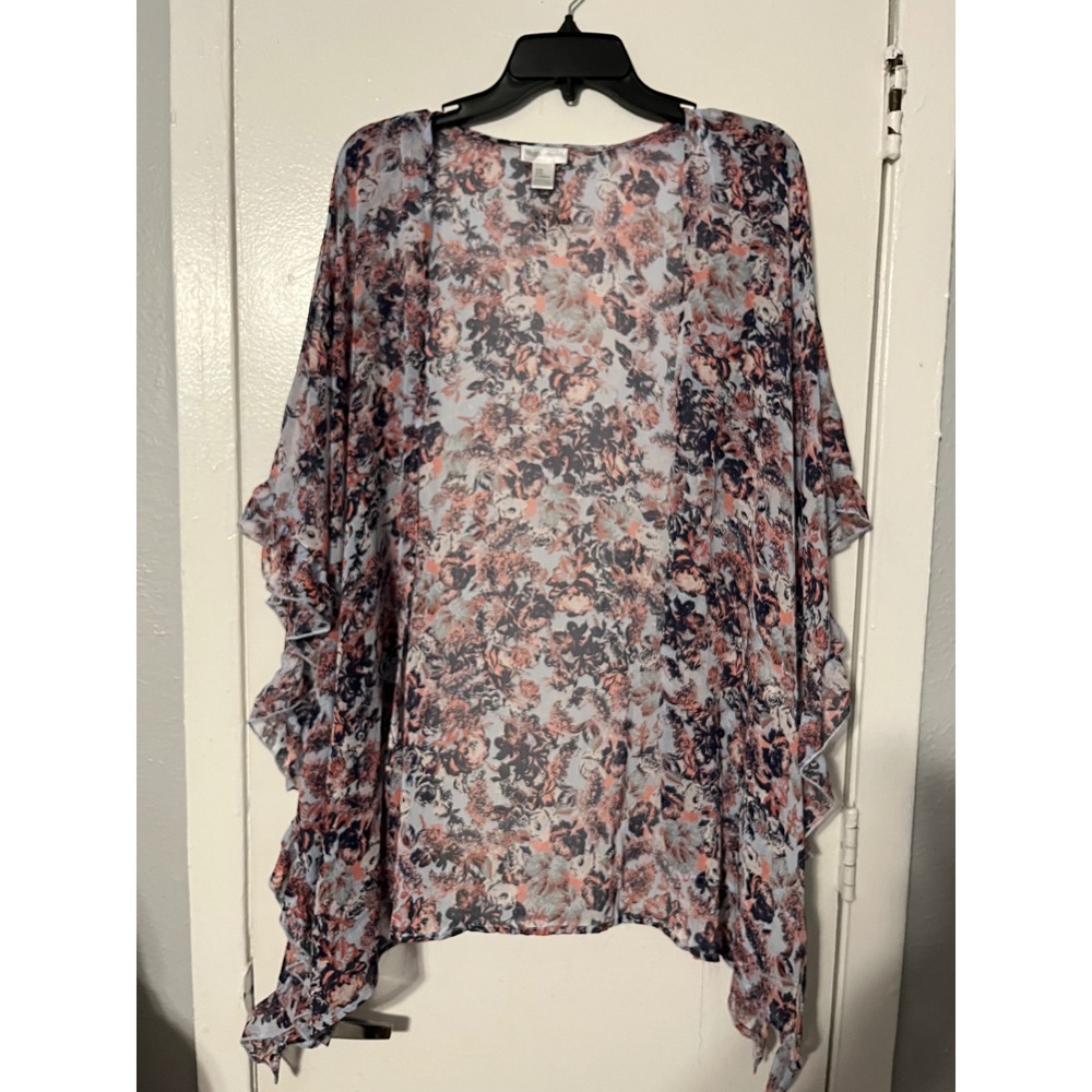 Motherhood Maternity Floral Kimono Wrap Ruffle Trim‎ Blue Coral One Size OS
